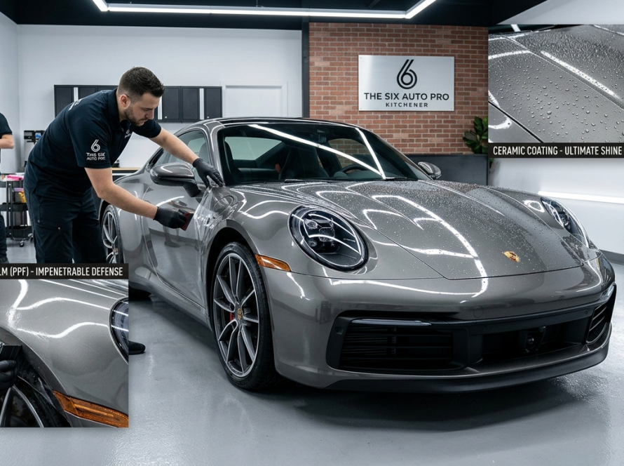 A professional comparison of Paint Protection Film (PPF) application and a Hydrophobic Ceramic Coating on a new car at The Six Auto Pro Kitchener