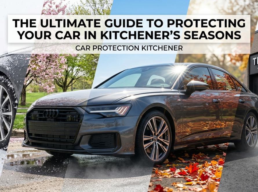 Seasonal car protection service in Kitchener by The Six Auto Pro, showing defense against snow, rain, UV rays, and leaves.